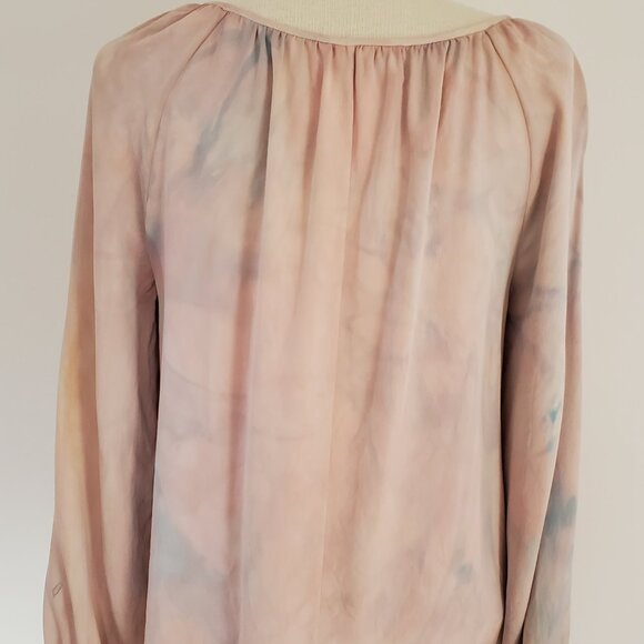 Theory silk blouse ruched poet shirt painted ballet pink blue purple peach Med - Picture 9 of 9